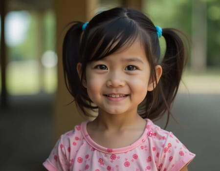A young girl living in Thailand smiles brightly while playing outside. Her pigtails bounce as she enjoys the warm sunshine and fresh air, radiating joy and innocence.