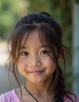 A cheerful girl stands outdoors in Thailand, with sunlight illuminating her joyful expression. Her braided hair frames her face as she enjoys a beautiful day surrounded by nature.