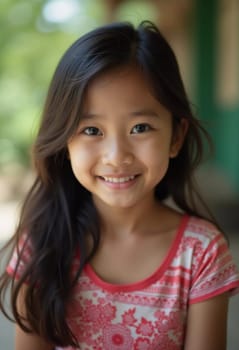 A cheerful girl from Thailand with long hair smiles warmly while in a sunny outdoor location. Her colorful shirt highlights her joyful expression, reflecting happiness and innocence.