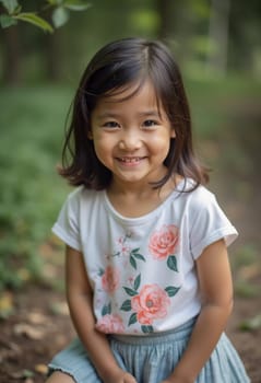 A cheerful girl in a floral shirt sits on a path surrounded by lush greenery in Thailand. Her bright smile reflects the joy of playing outdoors and exploring nature.