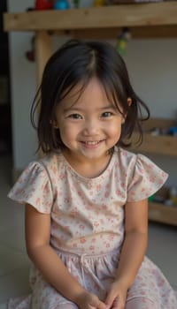 A cheerful girl, approximately five years old, sits at home with a bright smile. Surrounded by toys, she radiates joy during a sunny afternoon in Thailand.