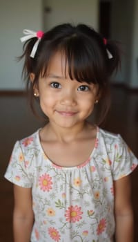 A young girl from Thailand stands indoors, smiling brightly. She wears a floral shirt and has her hair styled with cute bows, radiating innocence and happiness.