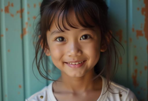 A young girl in Thailand beams with joy while standing in front of a vibrant, weathered wall. Her expressive eyes and friendly smile capture a moment of happiness and innocence.