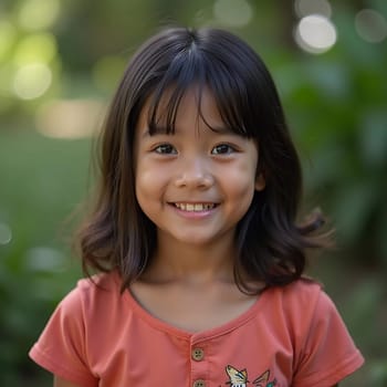 A young girl from Thailand enjoys the outdoors, flashing a bright smile while surrounded by lush greenery on a sunny day. Her joyful expression captures the essence of childhood bliss.