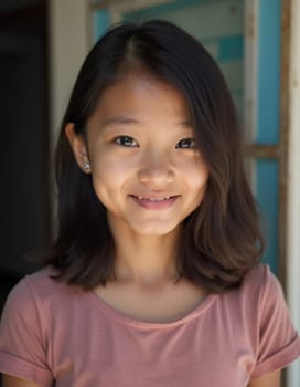 A young girl residing in Thailand beams a cheerful smile while standing in the doorway of her home. Her joyful expression and relaxed posture capture the warmth of childhood in a vibrant setting.