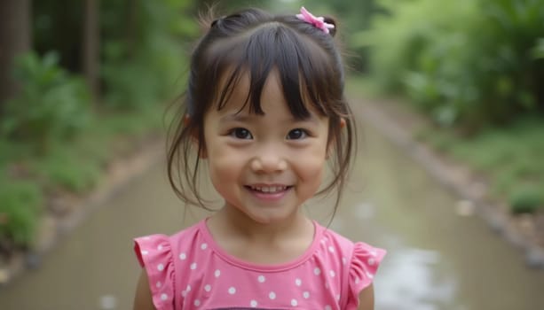 A joyful girl in Thailand stands on a moist path surrounded by greenery, showcasing her bright smile and playful spirit under the warm sun.
