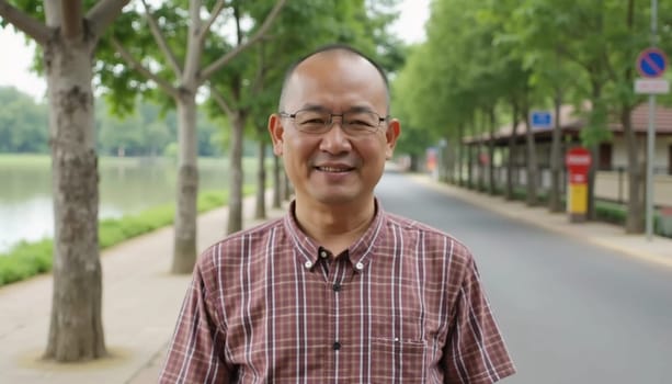 A resident of Thailand is smiling while standing in a park. Lush trees line a pathway beside a calm lake, and the setting conveys a sense of serenity.