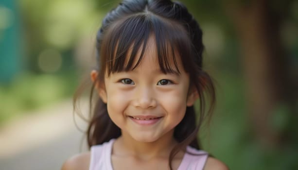 A cheerful girl living in Thailand stands outdoors with a bright smile. The sun shines down, highlighting her happiness as she enjoys her surroundings in a lush green setting.
