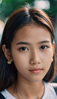 A young resident of Thailand poses with a serene expression, showcasing her natural beauty amidst a lively outdoor backdrop. Her long hair and subtle accessories complement her youthful charm.