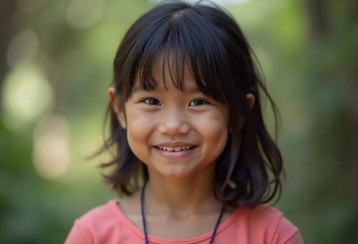 A young girl from Thailand beams with joy, surrounded by lush greenery on a sunny day. Her cheerful expression captures the happiness of her carefree childhood in the outdoors.