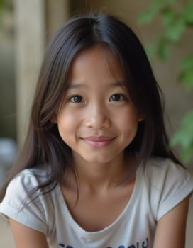 A young girl from Thailand beams with joy while sitting outdoors in a natural setting. Her playful smile highlights her happiness as she enjoys the pleasant weather and serene surroundings.