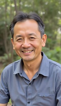 A cheerful male resident of Thailand enjoys the outdoors, smiling while surrounded by lush greenery. The scene captures a bright, sunny afternoon, showcasing his warm demeanor.