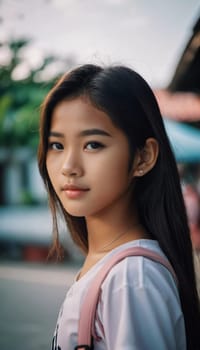 A young girl residing in Thailand stands in a tranquil setting, smiling softly as she gazes into the distance.