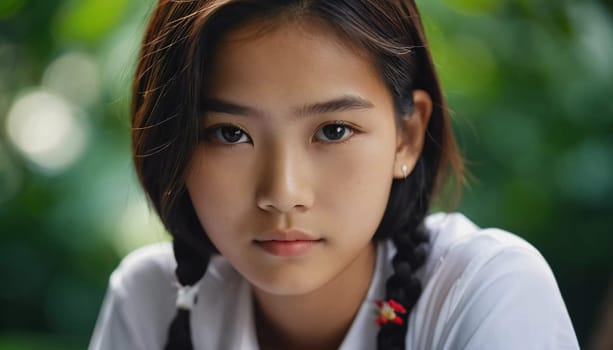 A young girl with braided hair sits with a serious expression, surrounded by greenery in a park in Thailand during the afternoon. Natural light highlights her features.