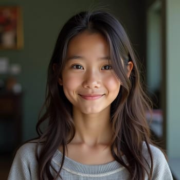 A girl from Thailand with long hair smiles warmly. She is in her living space, exuding joy and innocence in the tranquil atmosphere of her home.