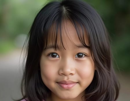 A cheerful girl stands outdoors in Thailand, surrounded by lush greenery. Her black hair frames her face as she smiles, enjoying the warm, sunny day and the beauty of nature.