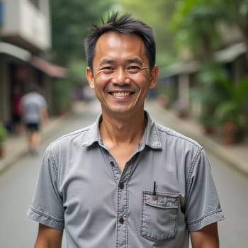 A male resident of Thailand stands joyfully in the middle of a tranquil street, surrounded by greenery and buildings, reflecting local culture and daily life.