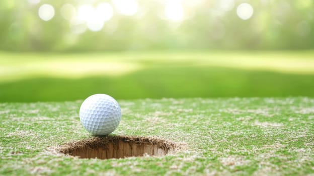 Golf ball near hole on green grass, concept of sport and leisure, AI Generated