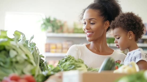 Mother and child shopping for fresh produce at grocery store, family lifestyle background, AI generated