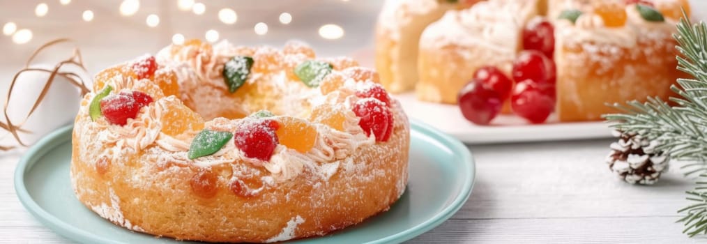 Three kings holiday festive fruitcake topped with colorful candied fruits on a table, background, AI generated