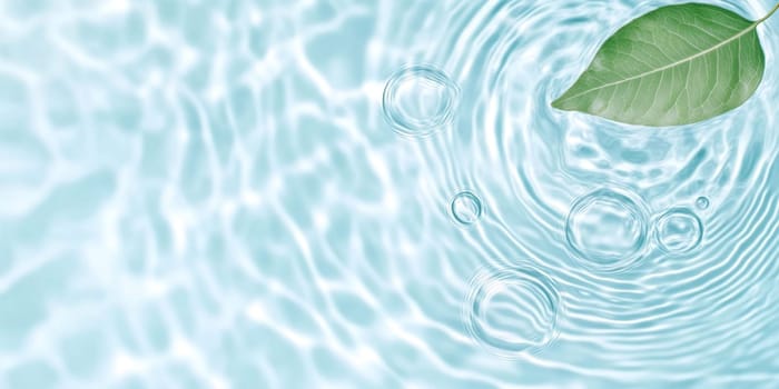 A green leaf floating on water showing ripples and bubbles, suitable as SPA background, AI generated