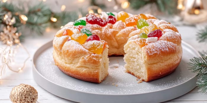 Three kings holiday festive fruitcake topped with colorful candied fruits on a table, background, AI generated
