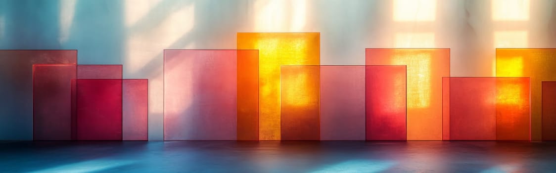 Abstract background of reflective neon purple, blue and orange glass cubes with copy space, AI generated