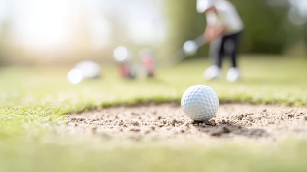 Golf ball in motion on lush green course during sunny day, action concept, AI generated