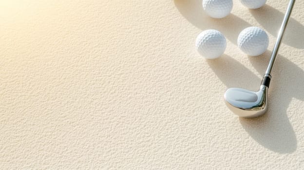 Golf club and two golf balls casting shadows on white surface, background, AI generated