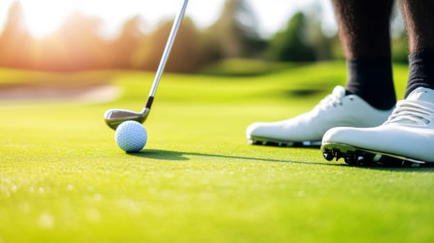 Golf ball and club close-up on lush green golf course background, AI Generated