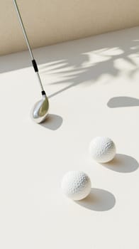 Golf club and two golf balls casting shadows on white surface, background, AI generated