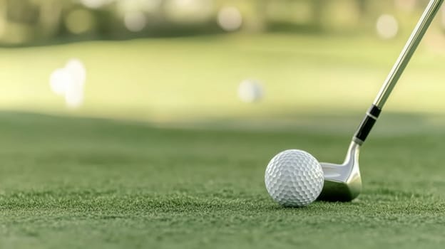 Golf ball on lush green grass, copy space for sports backgrounds, AI generated
