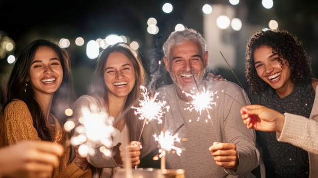 Group of multiracial adults celebrating New Year with sparklers outdoors, joyful winter scene, AI generated