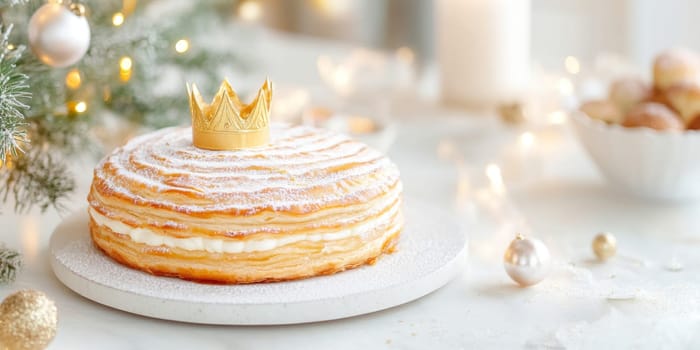 Three kings holiday festive cake topped with golden paper crown on a table, background, AI generated