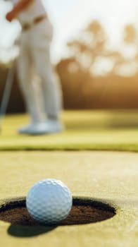 Golf ball in motion on lush green course during sunny day, action concept, AI generated