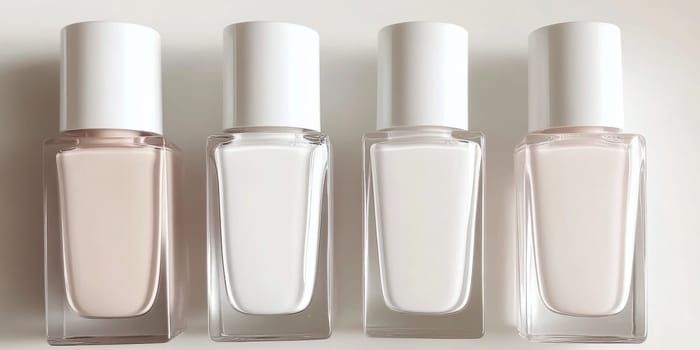 Nail polish bottles in pastel neutral shades closeup, AI generated