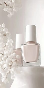 Nail polish bottles in pastel neutral shades closeup, AI generated