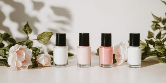 Nail polish bottles of neutral colors arranged on a marble background, AI Generated