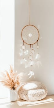 Dreamcatcher hanging in light airy room, boho decor background with copy space, AI generated
