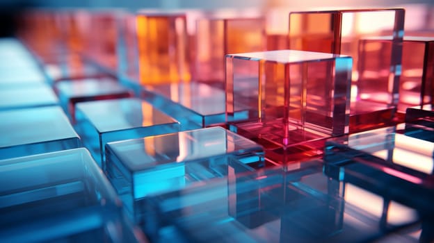 Abstract background of reflective neon purple, blue and orange glass cubes with copy space, AI generated