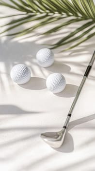 Golf balls and club on sunny textured surface with palm shadows, background, AI generated