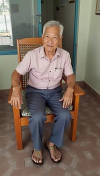 An elderly male resident of Thailand sits in a wooden chair, dressed in a light-colored short-sleeve shirt and casual pants. He appears calm and comfortable in his surroundings.