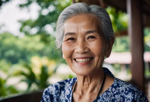 A cheerful woman in Thailand smiles warmly, embodying joy and serenity. She enjoys a sunny afternoon amidst lush greenery, radiating happiness and peace.