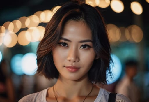A 20-year-old woman stands confidently with a serene expression in a bustling night market in Thailand. The colorful market lights create a captivating atmosphere around her.
