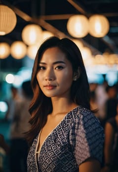A resident woman of Thailand stands gracefully at an evening market, showcasing traditional attire.