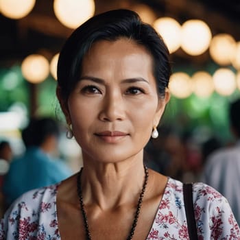 A woman in traditional clothing stands confidently, surrounded by warm, glowing lights of a bustling market in Thailand as evening approaches. Her serene expression reflects the lively atmosphere.