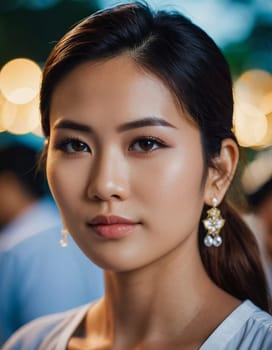 A young woman living in Thailand is captured with a serene expression, adorned with stunning earrings.