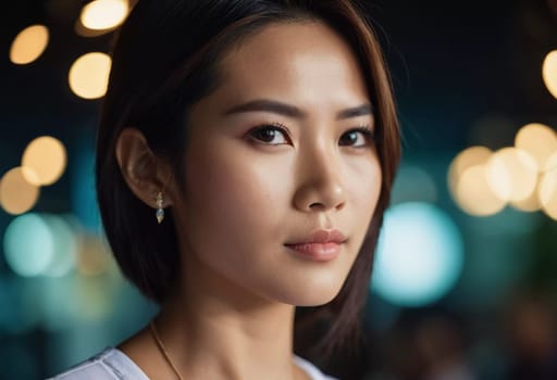 A Thailand woman exudes confidence and grace while gazing ahead in a lively cafe. The ambiance features soft lighting and vibrant surroundings, creating an inviting atmosphere.