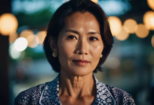 A confident resident woman from Thailand stands amidst the colorful lights of a bustling night market. She gazes directly at the camera, reflecting strength and serenity during the evening.