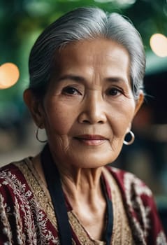A resident of Thailand, this elderly woman is seated outdoors, dressed in a traditional outfit. Her serene expression reflects rich cultural heritage and life experience in a vibrant community.